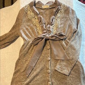 Beige Cardigan with Lace and Bow